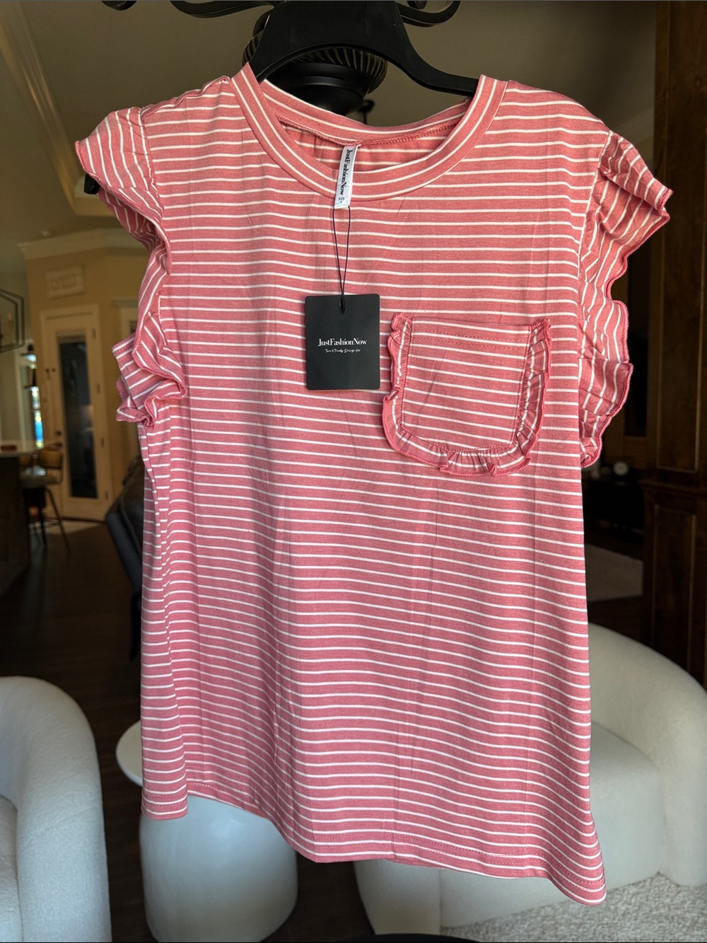 Just Fashion Now Pink Striped Ruffle Sleeve Tee